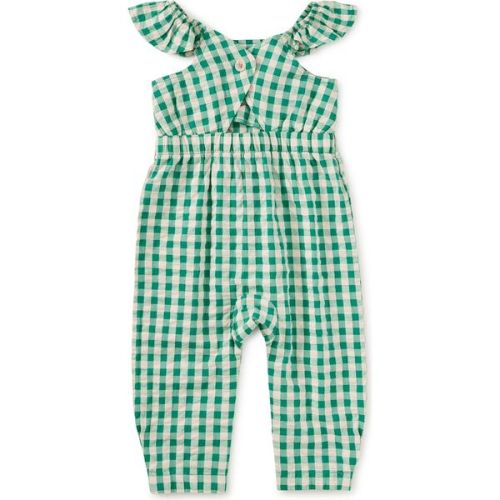 Flutter Button Back Baby Romper, Garden Party Check - Tea Collection | Maisonette