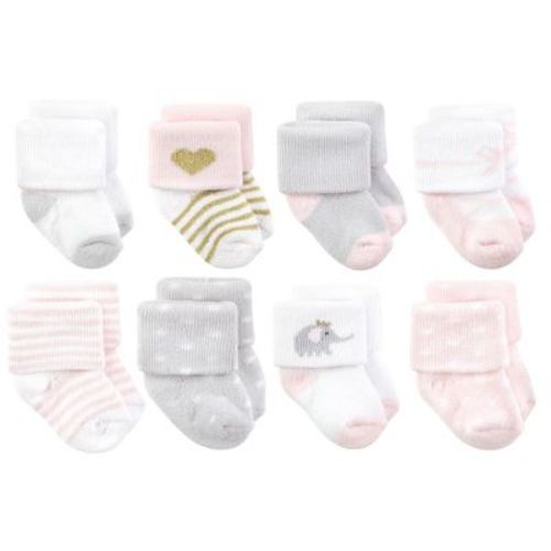 Hudson Baby Basics Infant Baby Cozy Terry Socks 8-Pack, Rosy Elephant Play, 0-6 Months