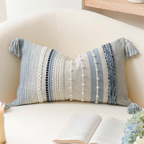 BlissBlush Decorative Lumbar Throw Pillow Cover 12x20 Coastal Blue Accent Cushion for Couch Sofa Farmhouse Pillowcase for Bedroom Living Room Home Décor Cover ONLY