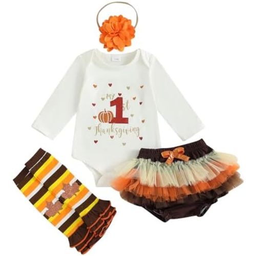 Kuriozud My First Thanksgiving Outfit Baby Girl Turkey Romper Bodysuit+Ruffle Tutu Shorts Bloomer 1st Thanksgiving Clothes