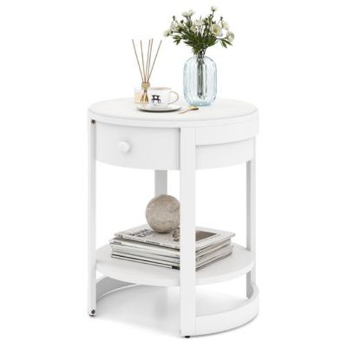 Costway 2-Tier Nightstand w/ Shelf & Wood Grains Drawer Round White/Brown