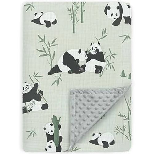 BOPRIO Muslin Baby Blankets for Boys Girls, Breathable Muslin Cotton with 3D Dotted Fleece Backing, Super Soft Swaddle Blankets with Cute Panda Design, Nursery Bedding Newborn Gift 30 x 40 Inch