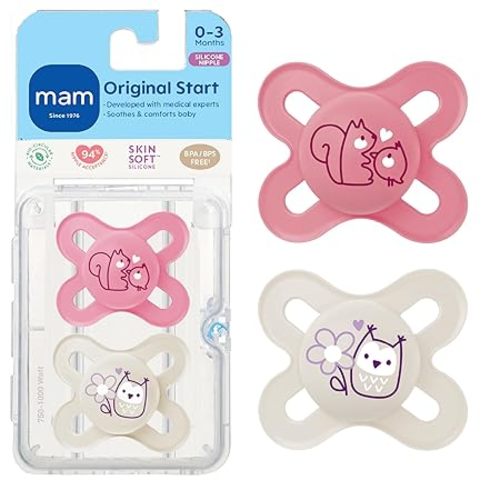 MAM Original Start Matte Baby Pacifiers 0-3 Mths, BPA-Free Skin Soft Silicone Nipple, Developed with Medical Experts Specially for Smaller Newborn Mouths, Easy to Clean, 2 Pk with Sterilizer Case