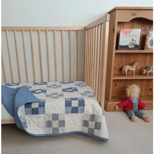 Handmade Linen Baby Quilt: 'Blue Flowers' Patchwork Playmat, Cot Blanket or Wall Hanging