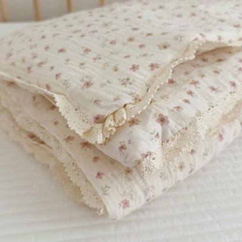 BuLuTu Pink Flower Print Toddler Quilted Blanket Chic Shabby Floral Kids Quilts with Lace Edges, Lightweight Thin Quilt Kids Comforter 100% Gauze Cotton, 60x78 Inches