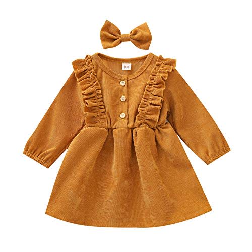 Karuedoo Kids Toddler Baby Girl Corduroy Ruffle Long Sleeve Dress Princess Party Dress Fall Winter Skirt Outfit