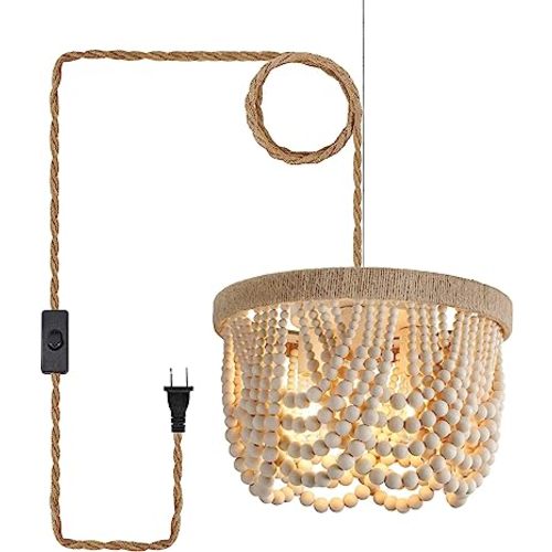 AMZASA Plug in Chandelier Boho Woven Hemp Rope Wooden Beaded Farmhosue Hanging Pendant Light Fixture with 14.8FT Cord On/Off Switch 3 Lights for Nursery Bedroom Living Room Dining Room UL Listed