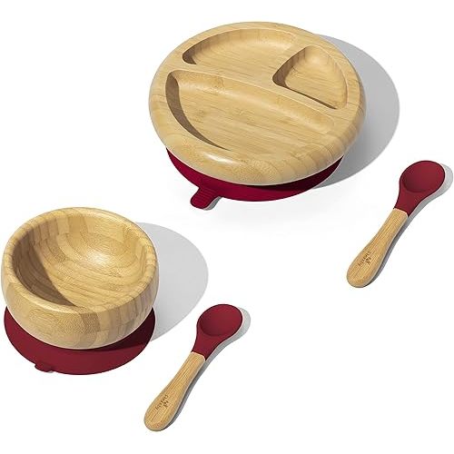 Avanchy Bamboo Baby Plate, Bowl & Spoons Set - Baby Cutlery - Bamboo Kids Bowl - BPA Free Bowl - Bamboo Kids Utensils - Bamboo Kids Bowl (Magenta Essentials)