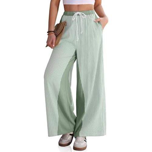 TARSE Women’s Linen Striped Wide Leg Pants with Pockets