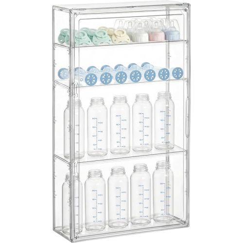 HBlife Baby Bottle Storage Organizer Wall Mount, 4 Tiers Adjustable Clear Acrylic Bottles Storage Station Case Box Container with 3 Removable Dividers and Magnetic Door for Countertop Cabinet, Large