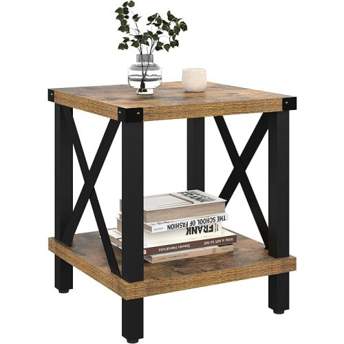 Large End Table Farmhouse Side Table Industrial Style Sofa Table Coffee Table Metal X Wood Accent End Table NightStand with Storage Shelf for Living Room Bedroom MLBZ16R