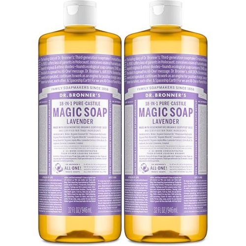 Dr. Bronner's Magic Soap - Pure-Castile Liquid Soap (Lavender, 32 ounce, 2-Pack) -Regenerative Organic Certified Oils, 18-in-1 Uses: Body, Hair, Laundry, Pets & Dishes, Concentrated, Vegan, Non-GMO