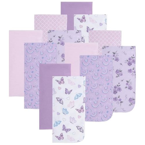 EVERYDAY KIDS 12 Pack Burp Cloths for Baby Girl; Newborn Essential with - Large Absorbent Cotton Flannel Purple/Pink Burping Cloths for Babies with Butterfly, Floral and Rainbow Prints and Solids