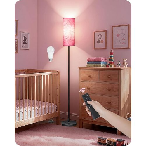 Dimmable Pink Floor Lamp for Living Room with Remote and Foot Switch, Corner Floor Lamp for Bedroom, 64.4" Standing Tall Lamp, 10W 900LM Bulb Included, 3000K-6500K, Linen Shade, FCC Listed P06LD05W1