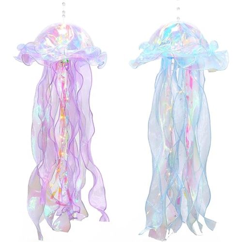 Glitter Iridescent Jellyfish Hanging Decor Blue Purple Jellyfish Kit for Under The Sea Little Mermaid Party Decoration Hanging Jelly Fish Decor Ocean Birthday Wedding Bridal Baby Shower Pa