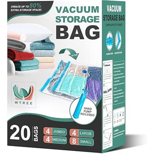 20 Pack Vacuum Storage Bags, Space Saver Bags, Vacuum Sealed Bags for Comforters, Blankets, Clothes Storage, Hand Pump Included (4 Jumbo/4 Large/4 Medium/8 Small)