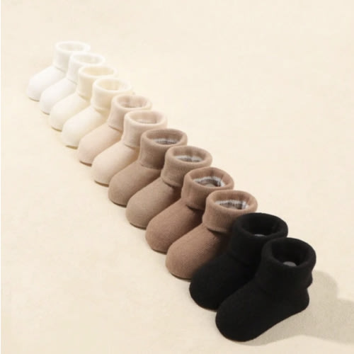6pairs/Pack Infant Solid Color Flat Turnover Toe Socks, Fall & Winter