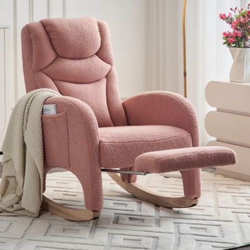 Teddy Fabric Nursery Rocking Chair, Upholstered Accent Chair With Adjustable Footrest 4W, Pink - ModernLuxe