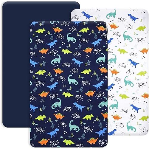 PHF 3 Pack Soft Mini Crib Sheets, Dinosaur Pack N Play Sheets for Baby Boys Girls, No Slip Universal Fit for Pack N Play, Playard, Portable and Mini Crib Mattresses,Navy Dinosaur