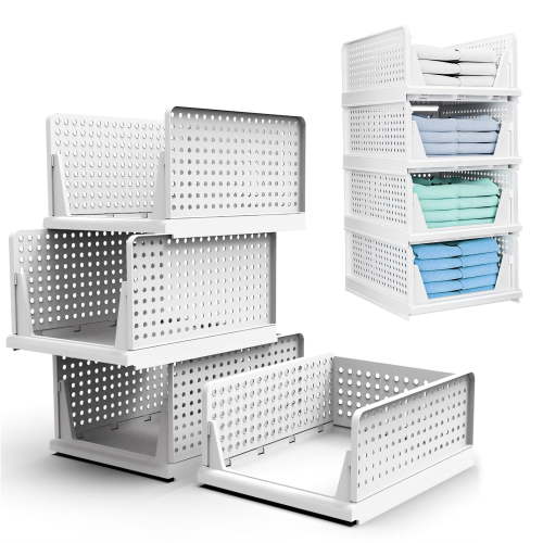 iMounTEK Stackable Plastic Storage Basket, Drawer Shelf Storage Container, Set of 4, Foldable Closet Organizers and Storage Bins for Wardrobe Office
