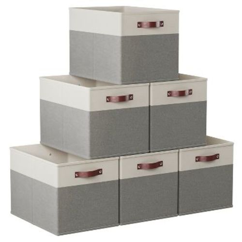 Ornavo Home 6 Pack Linen Fabric Kallax Storage Cube Bin with Faux Leather Handles - 13" 15" x 13" - White/Gray
