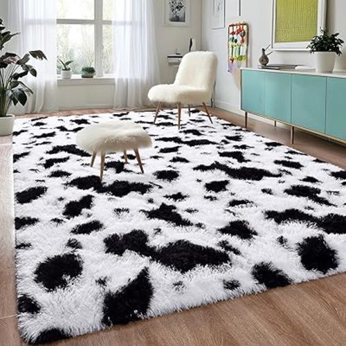 DweIke Fluffy Black White Rugs for Bedroom Living Room, 4x6 Feet Soft Plush Shaggy Cow Hide Print Girls Boys Kids Rug, Non-Slip and Machine Washable Carpet for Dorm Nursery Classroom Decor
