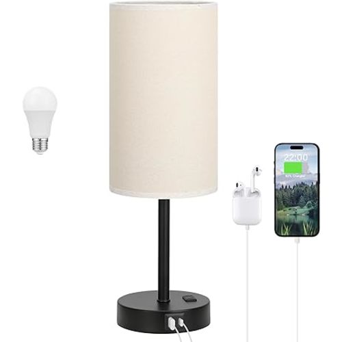 Tall Touch Bedside Table Lamp with USB - 3 Way Dimmable Black Lamps for Bedroom Nightstand, Desk Lamp with Black Charging Station for Dorm, Office, Kids Room
