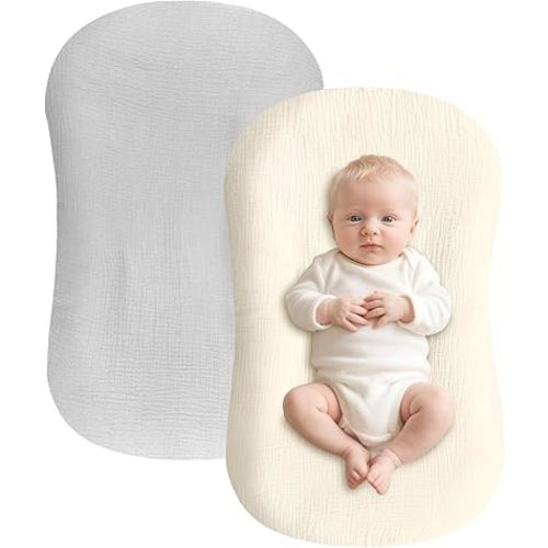 Hooyax Baby Lounger Cover 2 Pack - 100% Muslin Cotton Newborn Lounger Pillow Covers Only, Soft Breathable Infant Lounger Cover with Reinforced Stitching, Fits Most Standard Baby Loungers (Grey Cream)
