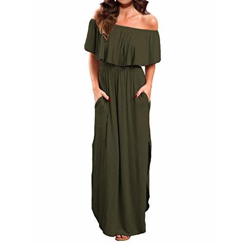 VERABENDI Women's Off Shoulder Summer Casual Long Ruffle Beach Maxi Dress with Pockets