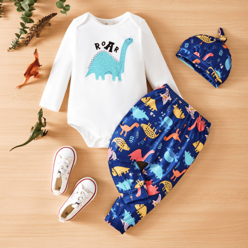 PatPat Baby Boy Outfit Set Long Sleeve Bodysuit and Pants with Dinosaur Print Hat Navy Blue 0-18 Months