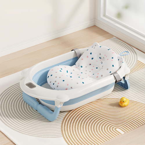Yabanana Foldable Baby Bathtub, Newborn Shower Bathtub with Bath Net, Soft Cushion&Thermometer , Portable Baby Folding Bathtub for 0-36 Months, Blue