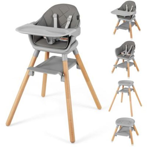 6-in-1 Convertible Baby High Chair with Double Tray Storage and Beech Wood Legs Gray