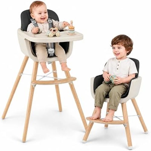 HONEY JOY Baby High Chair, 6-in-1 Eat & Grow Wooden Highchair/Toddler Chair with Removable Tray, 5-Point Harness, PU Cushion and Footrest, Convertible High Chair for Babies and Toddlers (Black)