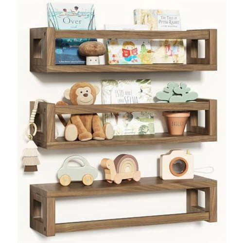 Upgraded Thick Floating Shelves, Solid Wood Bookshelf for Wall, Floating Book Shelves Use as Wall Shelves for Bedroom, Kids Room, Nursery, Books, Spice Rack & Decor – Dark Walnut Brown