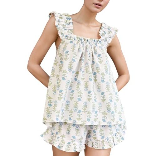 Kissonic Womens Ruffle Pajama Set Floral Cotton Pjs for Summer | Sleeveless, 2 Piece Lounge Set, Cami Top and Shorts, Square Neck, Soft Lightweight