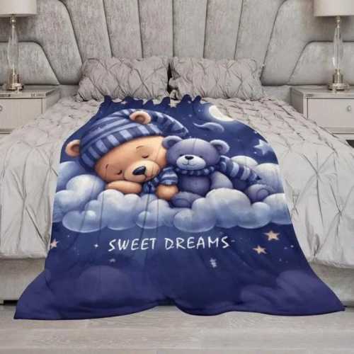 Sweet Dreams Teddy Bear Blanket, Cozy Baby Shower Gift, Personalized Kids Nursery Decor, Soft Fleece Night Throw, Cute Toddler Bed Blanket