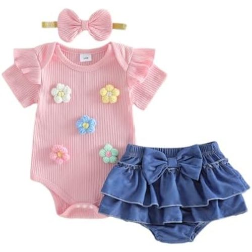 fhutpw Newborn Baby Girl Clothes Ribbed Sleeve Romper Top Leopard Ruffle Shorts Bow Headband Infant Summer Outfits 0-18M