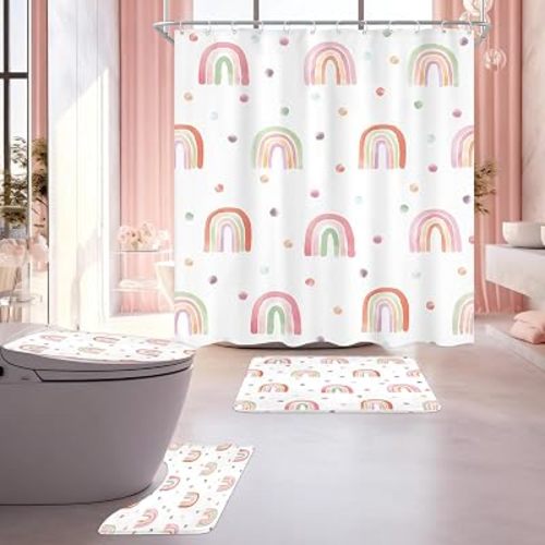 4 PCS Kids Girls Rainbow Shower Curtain Set 72Wx72H Inch, Bathroom Rug, Toilet Lid Cover, U Shape Mat, Boho Cute Pink Bathroom Set Nonslip Quick Dry Dirt Resistant Accessories Bathroom Decors