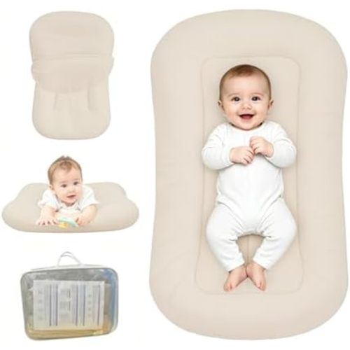 Baby Lounger for Newborn, Bionic Design Baby Lounger, Soft Organic Cotton Breathable Lounger for Infants 0-24 Months (Light Khaki)