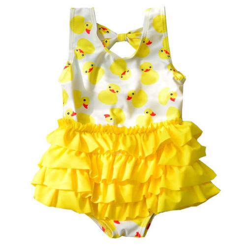 Girl Yellow Duck Print Onesie Swimsuit with Hat