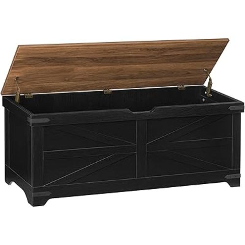 Large Toy Chest, 47.2" Wooden Toy Box with 2 Safety Hinges, Farmhouse Style Storage Bench, Blanket Storage Chest for Living Room, Entryway, Bedroom, Black+Walnut SCHZ18601