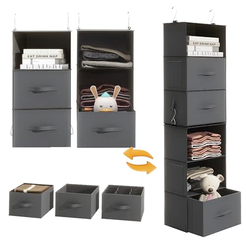 Twira 6-Shelf Hanging Closet Organizer, 2 Separable 3-Shelf Hanging Shelves, Hanging Storage with 3 Removable Drawers 4 Side Pockets, Storage Organizer for Closet, Nursery (Dark Grey)