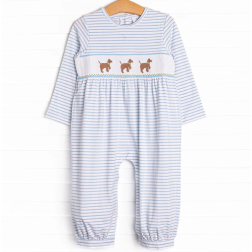 Puppy Present Smocked Romper, Blue – Stitchy Fish