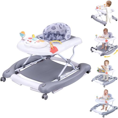 5 in 1 Foldable Baby Walker, Activity Baby Walker-Baby Bouncer, Rocker, Activity Center,Seat and Push Walker,Detachable Trampoline Mat, Adjustable Speed Rear Wheels and Height,Ages 6-18 Months(Grey)