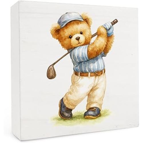 Bear Golfing Wood Box Sign 5x5 Inch, Golf Bear Nursery Decor, Vintage Cute Bears Golfer Wood Box Signs for Nursery Kids Boys Girls Room Bedroom Home Office Shelf Table Desk Decor