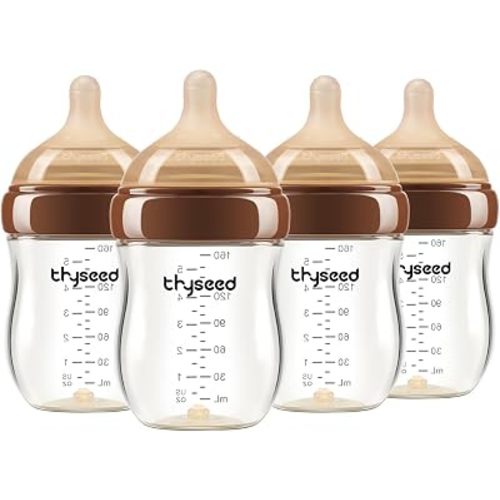Thyseed Anti-Colic Glass Baby Bottle for Breastfed Infants, Natural Feeding, Breast-Like Newborn Extra Slow Flow Nipple (0m+), 5 oz, 4 Pack