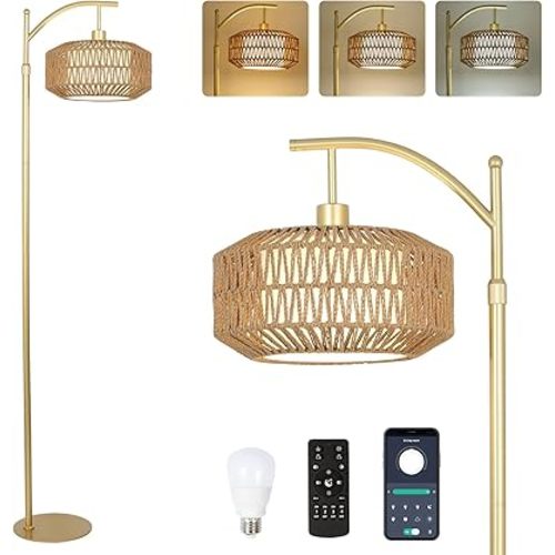 Arc Gold Floor Lamp with Remote and LED Bulb, Dimmable Floor Lamps for Living Room with Rattan and Fabric Shades, Boho Tall Lamp with 3 Color Temperatures, Corner Standing Lamps for Bedroom
