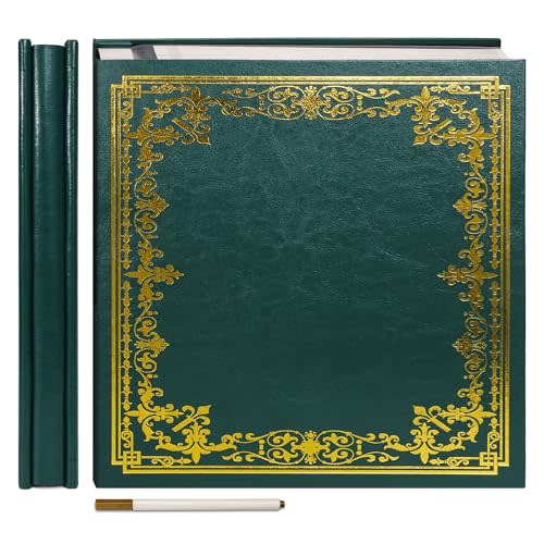 Vienrose Large Self-Adhesive Album Artificial Leather Cover Scrapbook Album 10.63"x11.02" Vintage Printed Memory Book DIY 40 Blank Pages with A Metallic Pen, Dark Green
