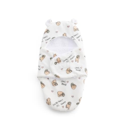 Berkshire Sherpa & Loftmink Baby Swaddle - Hooded Pooh Sleep Sack with Fuzzy Bear Ear Details - Classic Pooh Prints for Newborns Infants 0-3 Months(Sweet As Hunny No Stripes White, 13’’×23.5’’)
