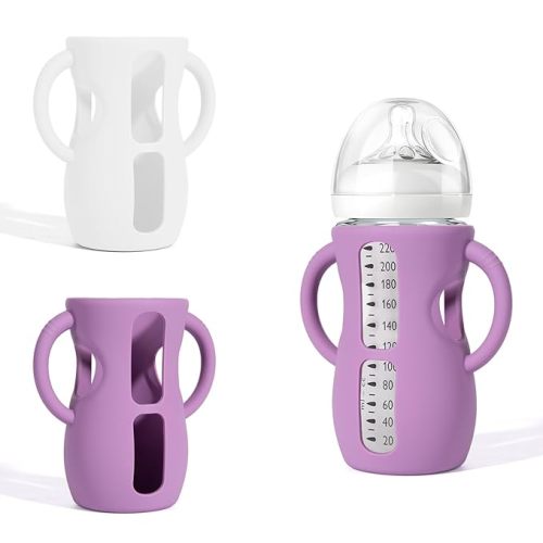 Silicone Sleeves for Avent Natural Glass Baby Bottles, BPA Free, Anti Breakage Baby Bottle Holder (Purple + White, 8 Ounce)